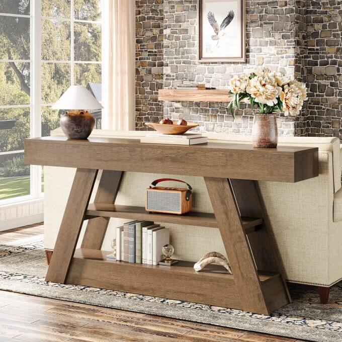 63-Inch Console Table, Wooden Entryway Table with Storage Shelves