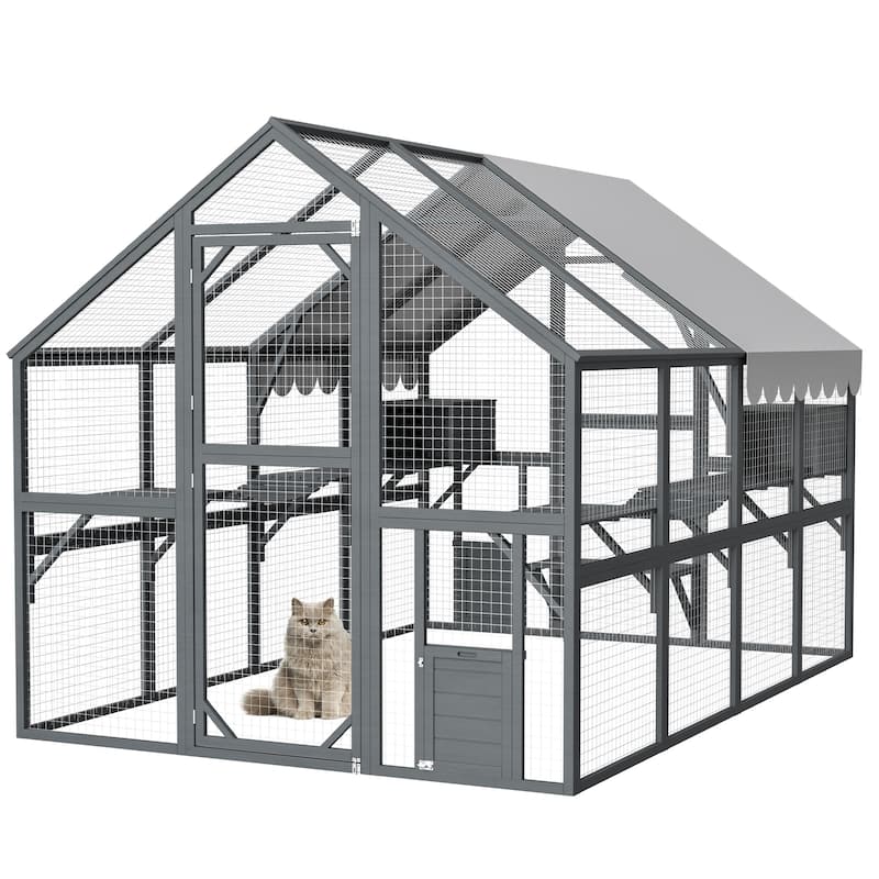 Extra Spacious Outdoor Catio - 110" Luxury Cat Haven with Roof, Ramp, Pod Bed & Lounging Huts