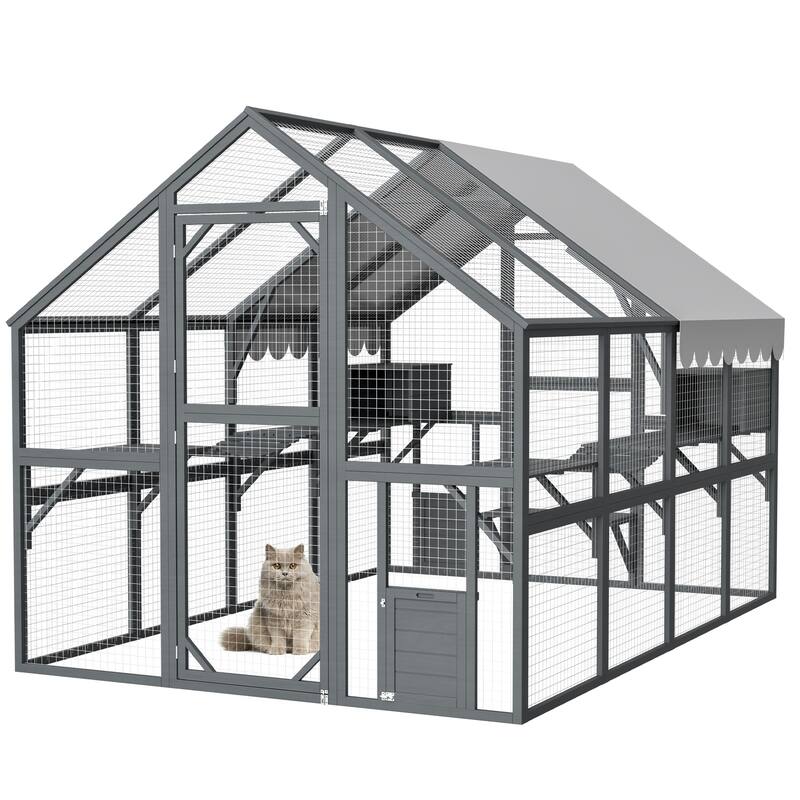 Large Catio Outdoor Cat Enclosure, Outside Cattery with Weatherproof Roof, Cat Scratcher Ramp & Cat Space Capsule Bed