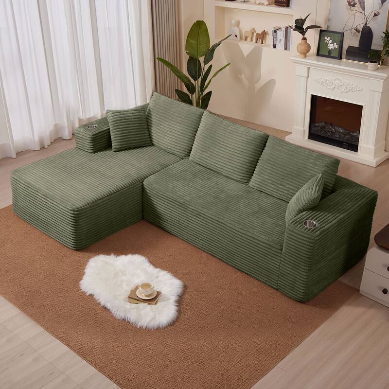 102.76" Corduroy Cloudy L Shaped Sofa with Chaise and Pillows