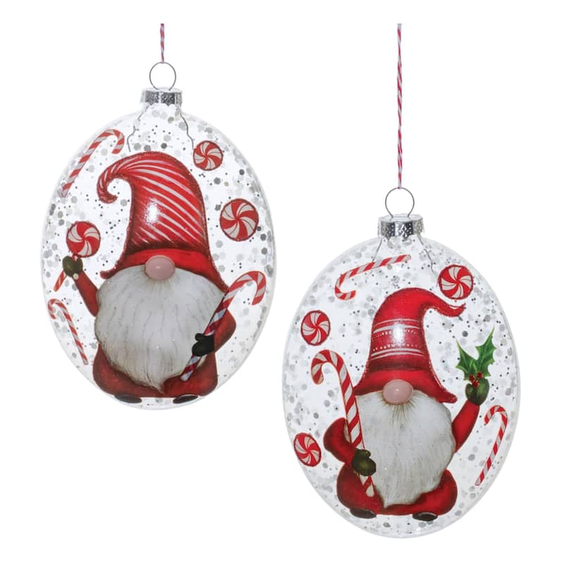 Peppermint Gnome Glass Christmas Disc Ornament - 6" - Red and White - 12ct
