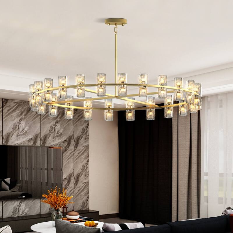48 Inch Gold Wagon Wheel Chandelier with Crystal Shade, 48 Lights, Modern Farmhouse Style, Ideal for Dining Room, Kitchen - Gold