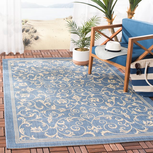 SAFAVIEH Courtyard Clarine Indoor/ Outdoor Waterproof Patio Backyard Rug - 6'7" x 9'6" - Blue/Natural