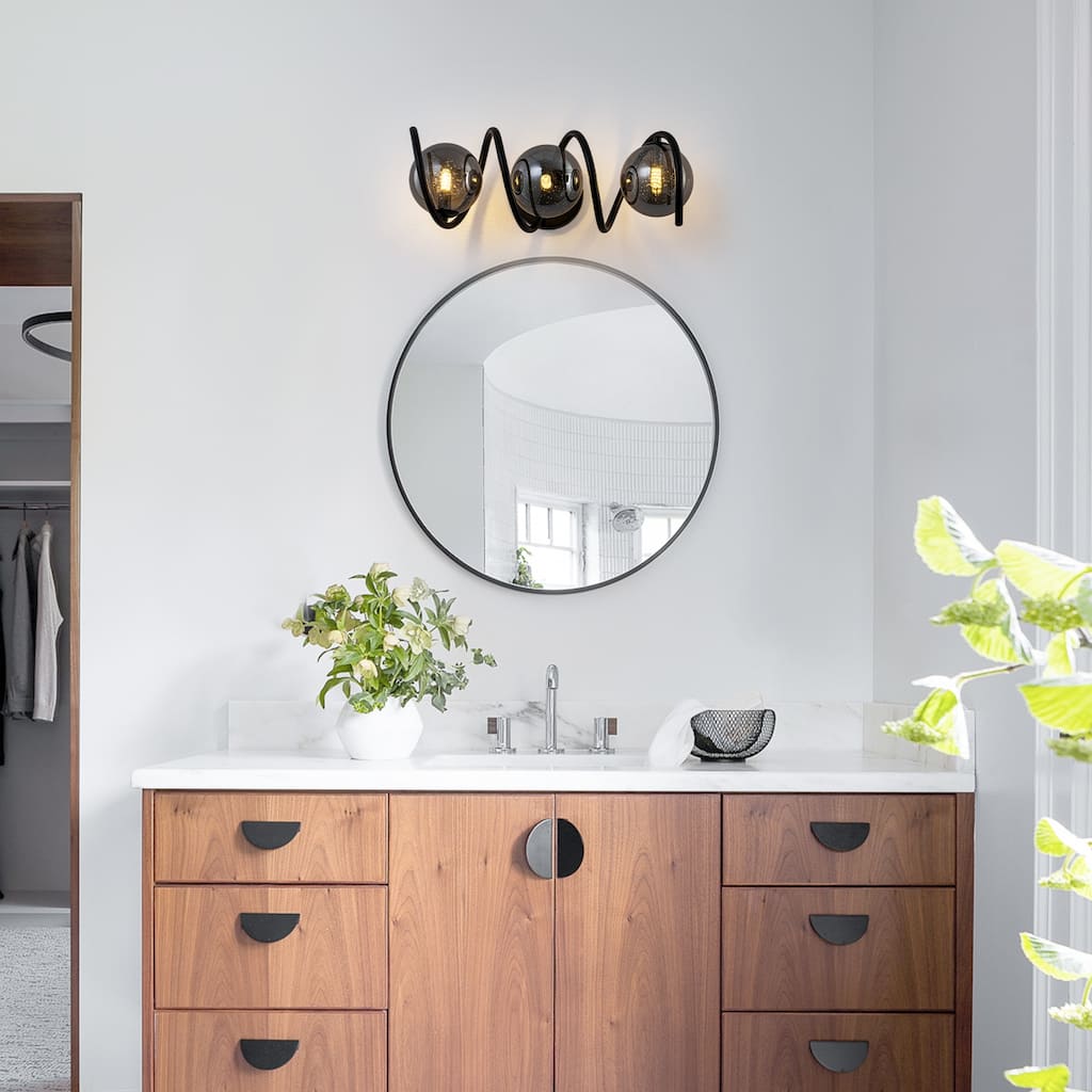 Modern Spiral Globe Vanity Lights with Smoky Gray Seeded Glass Shades