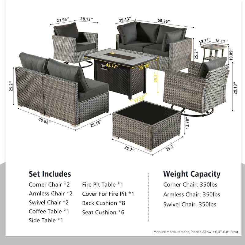 HOOOWOOO 9-piece Grey Rattan Outdoor Furniture Fire Pit Set with Swivel Chairs
