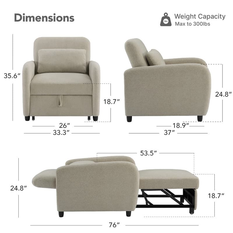 Spruce & Spring Modern Pull-Out Accent Chair Bed with Adjustable Backrest & Space-Saving Design