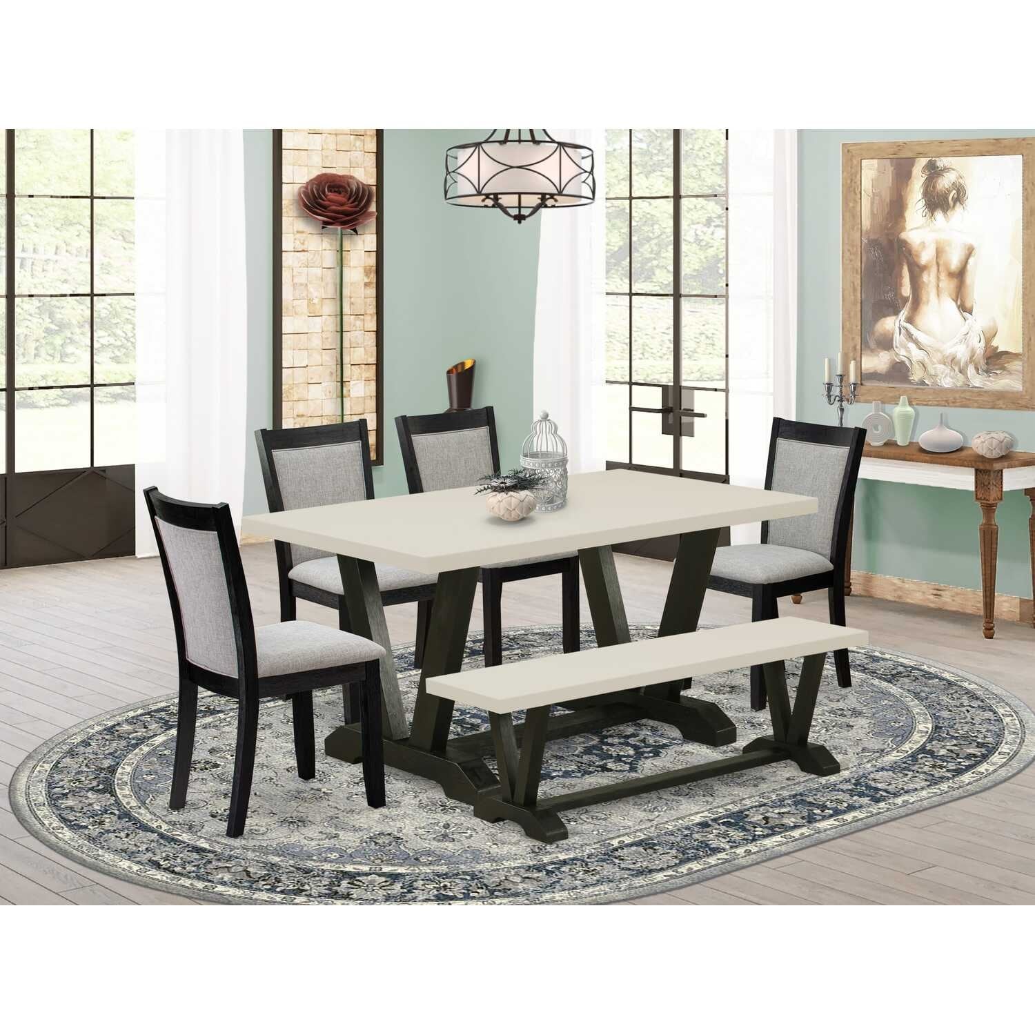 HomeStock 6-Piece Rectangle Natural Oak Finish Solid Wood Top Dining Table with 1-Bench, 4 Upholstered-Chairs
