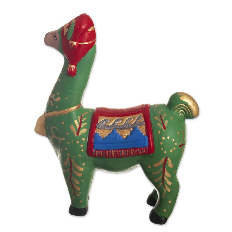 Novica Handmade Holiday Llama In Green Ceramic Statuette