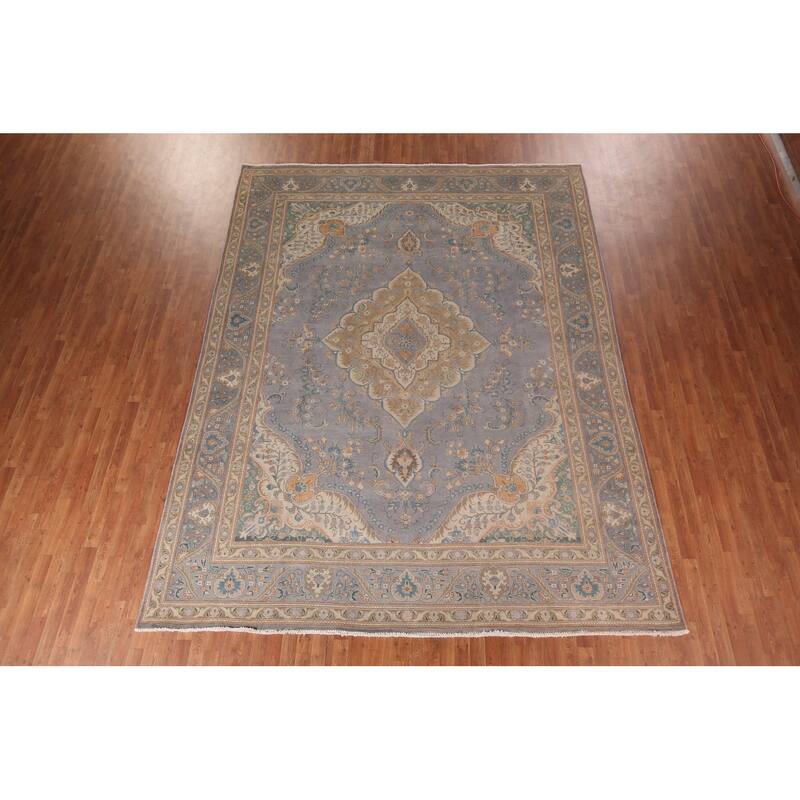 Tabriz Persian Vintage Area Rug Hand-Knotted Blue Wool Carpet - 9'10"x 12'9"