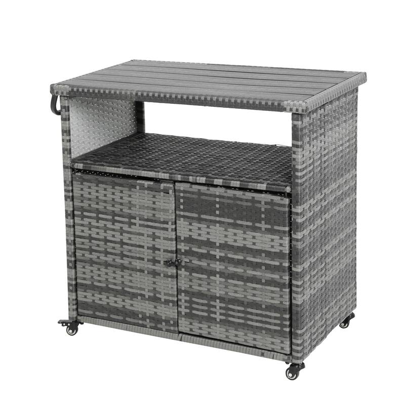 Outdoor Wicker Bar cart, Patio Wine Serving cart w/Wheels , Rolling Rattan Beverage Bar Counter Table w/Glass Top