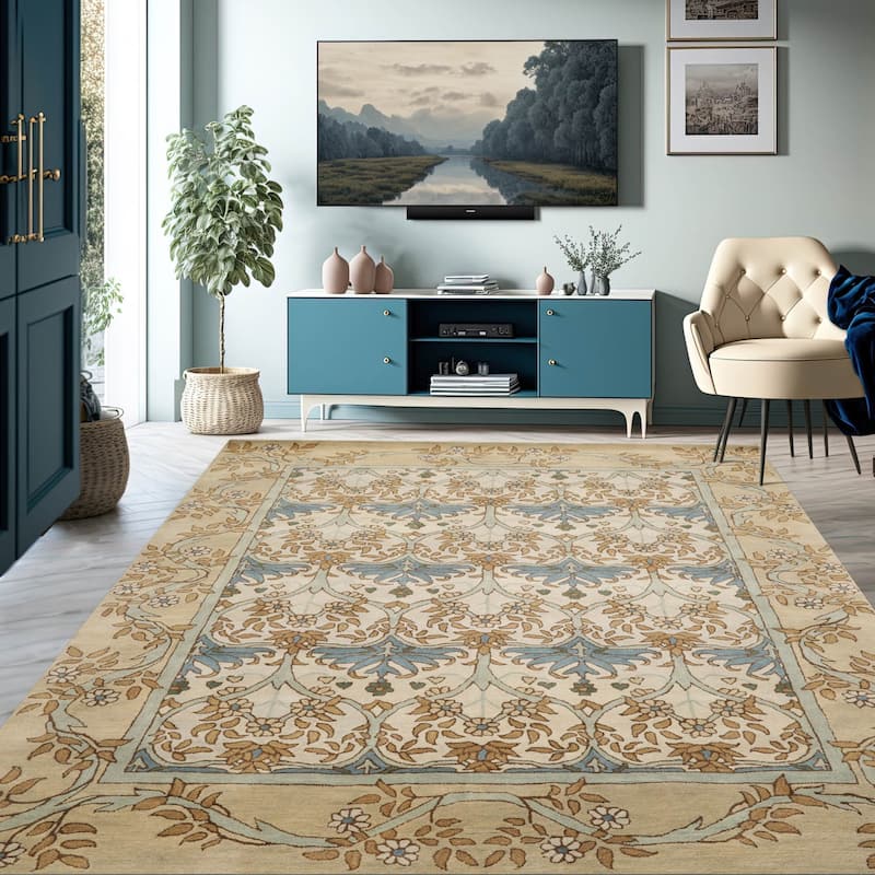 Hand Tufted 100% Wool Arts & Crafts William Morris Beige Area Rug - 9'  x 12'
