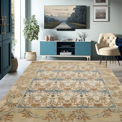 Hand Tufted 100% Wool Arts & Crafts William Morris Beige Area Rug