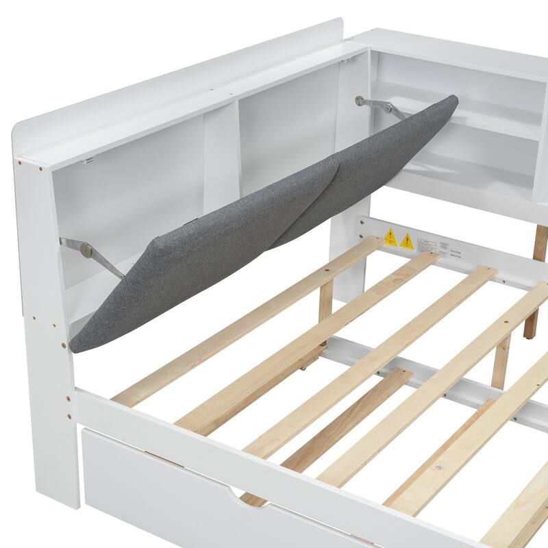 Wood Full Size Platform Bed with Trundle Storage Headboard and Shelves in Pine Wood