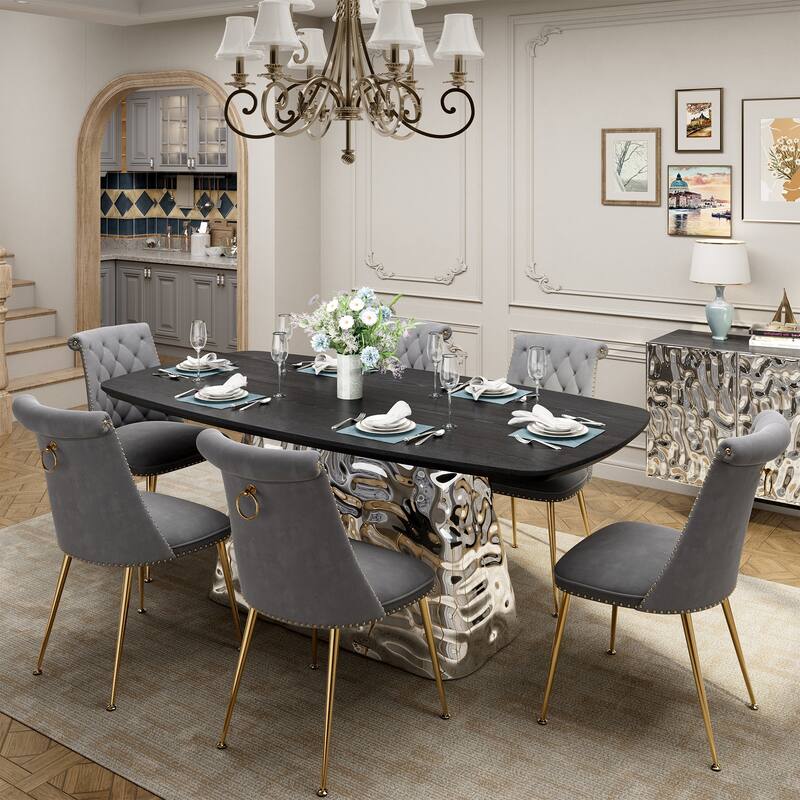7-Piece Clihome Modern Stainless Steel Table Velvet Chair Dining Set