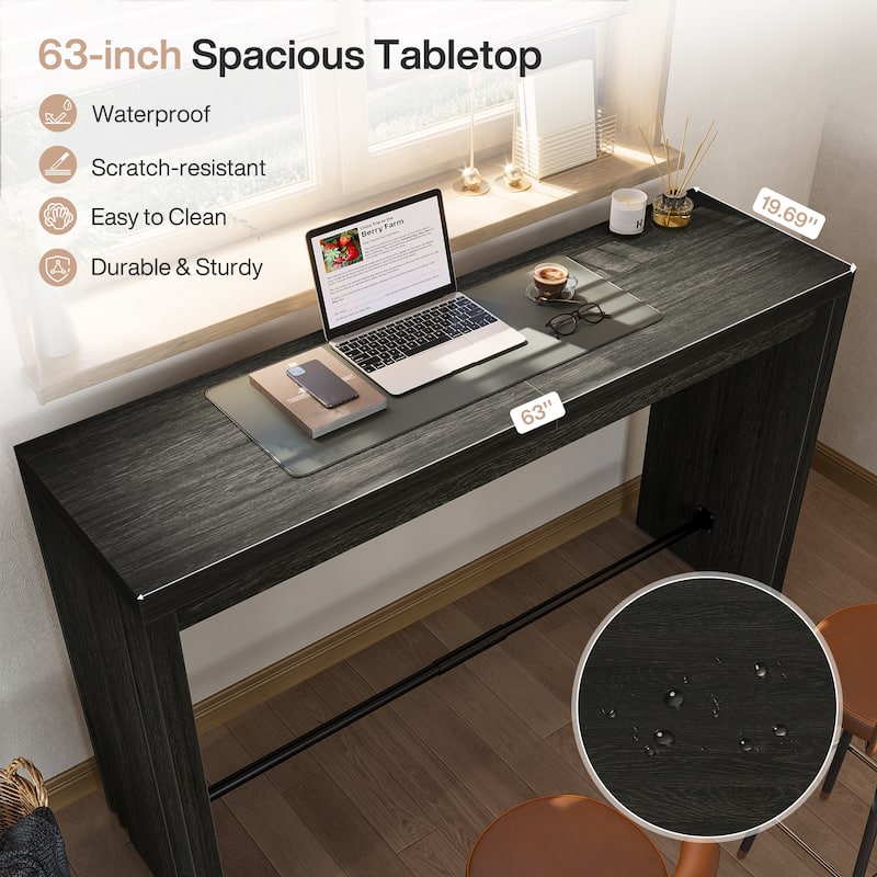 63 Inch Bar Table with Footrest, Black - 63" L x 19.69" W x 35.43" H
