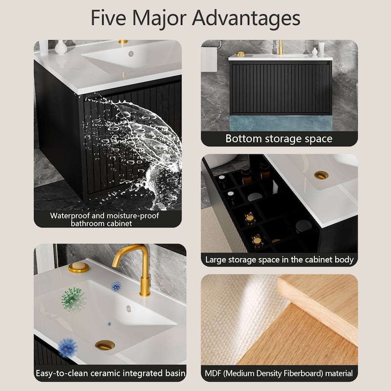 30 Inch Wall Mounted Bathroom Vanity with Ceramic Sink, Floating Cabinet with Drawers, Modern Fluted Design