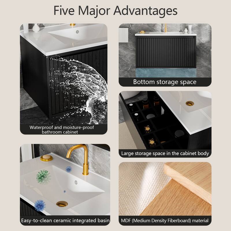 GDFStudio - Ari Modern Aesthetic Freestanding Bathroom Vanity with Ceramic Sink, Soft Close Drawers & Large Storage Spaces