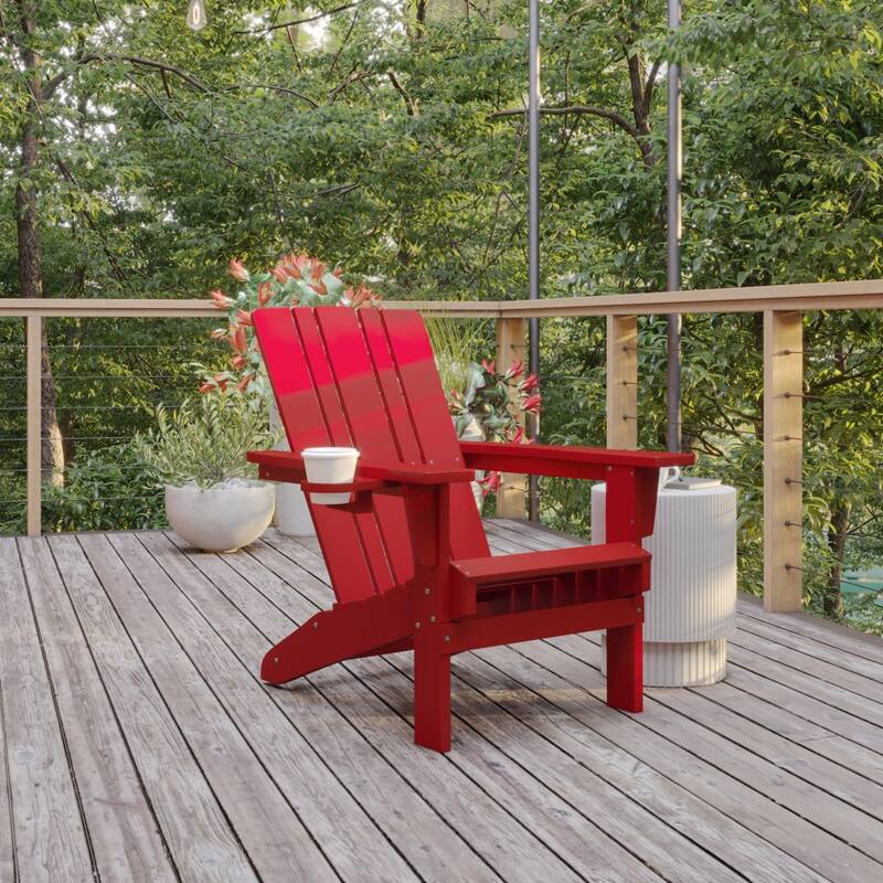 Commercial Grade All-Weather Adirondack Chair with Swiveling Cupholder - Red