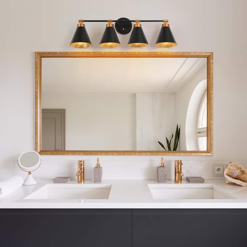 Farmhouse Industrial 4-light Bathroom Vanity Lights Black Gold Dimmable Wall Sconces with Metal Cone Shade