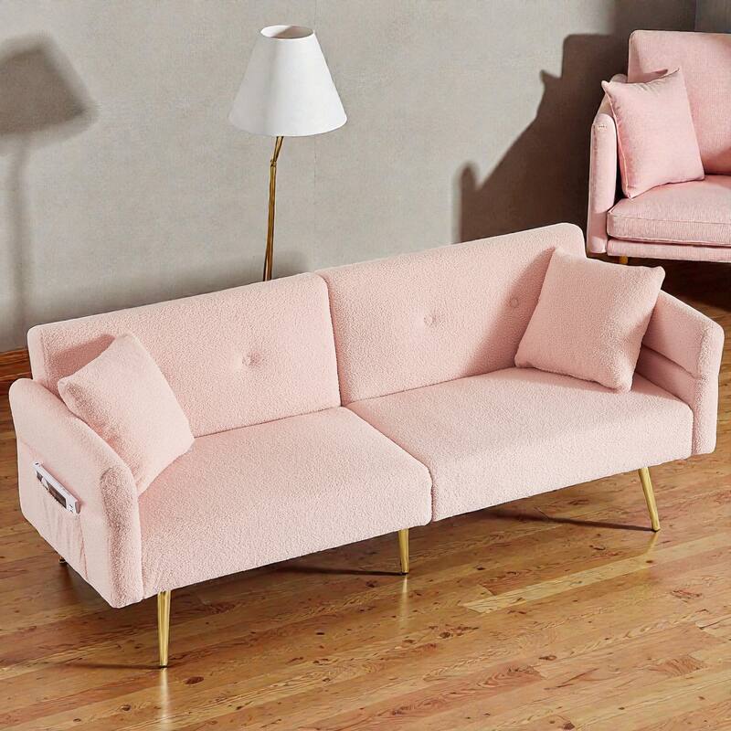 Modern Teddy Loveseat Sofa with Side Pocket, Folding Sleeper Sofa Bed with Adjustable Backrest and Golden Metal Legs - Pink