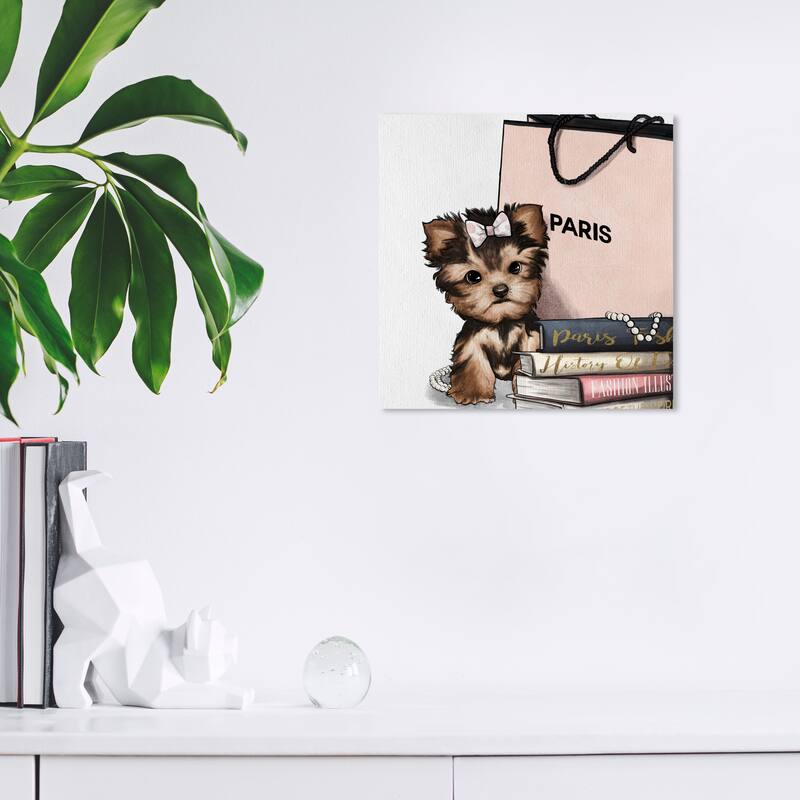 Wynwood Studio 'Fashion Book Yorkie Glam' Animals Wall Art Canvas Print Dogs and Puppies - Brown, Pink - 12 x 12