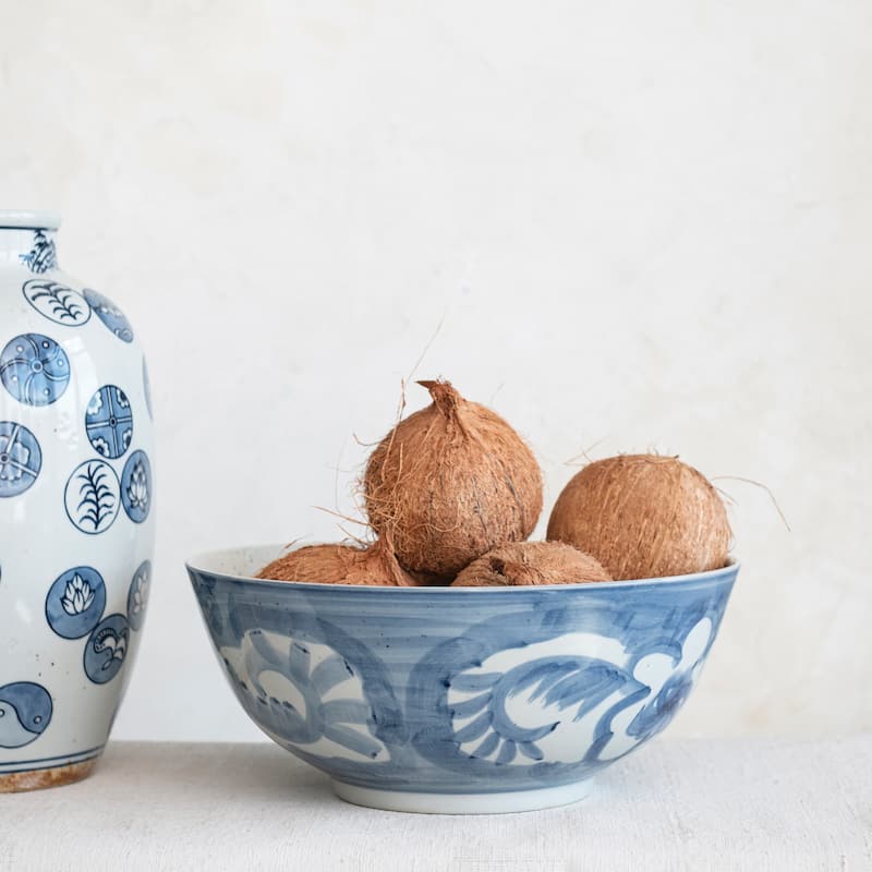 Hand Painted Stoneware Bowl with Floral Design - 14.0"L x 14.0"W x 5.9"H - 14.0"L x 14.0"W x 5.9"H