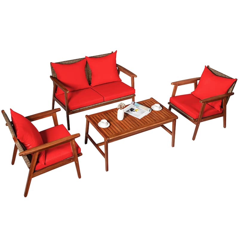 Costway 4PCS Patio Rattan Furniture Set Acacia Wood Frame Cushioned - See details