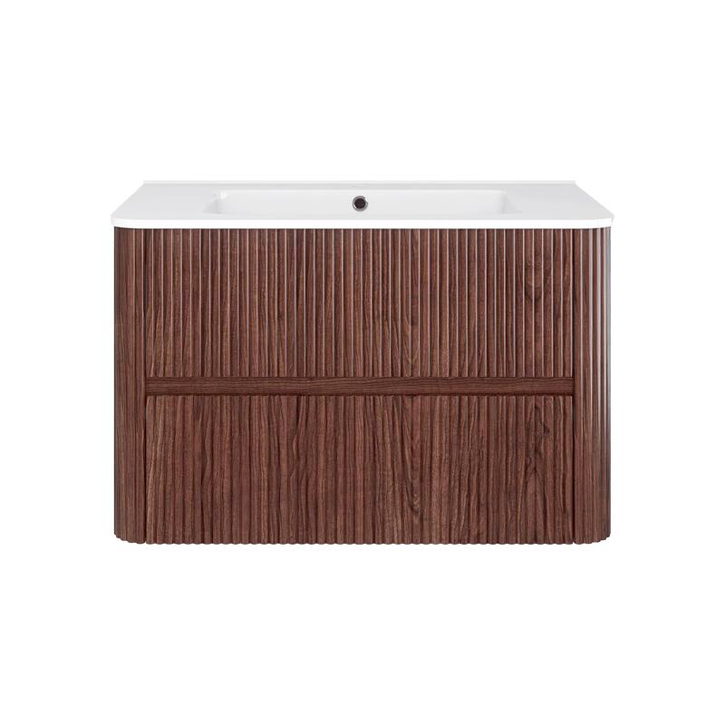 Wall-Mounted Bathroom Vanity in Walnut with Integrated White Ceramic Sink