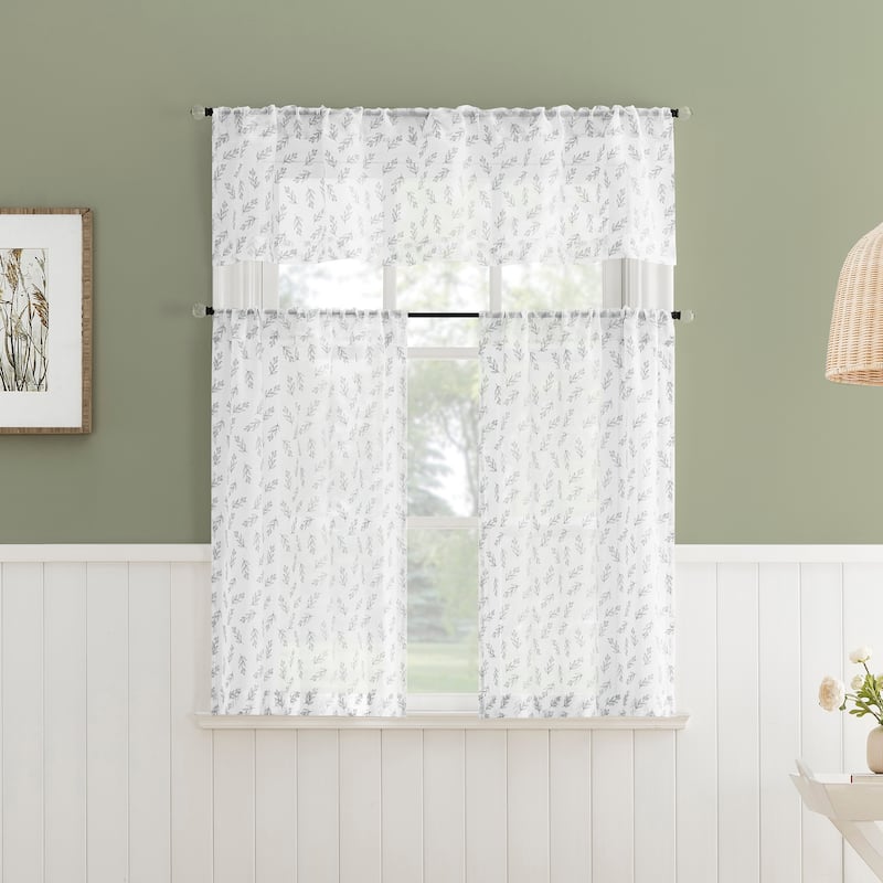 No. 918 Hawthorne Floral Leaf Sheer Rod Pocket 1-Piece Kitchen Curtain Valance