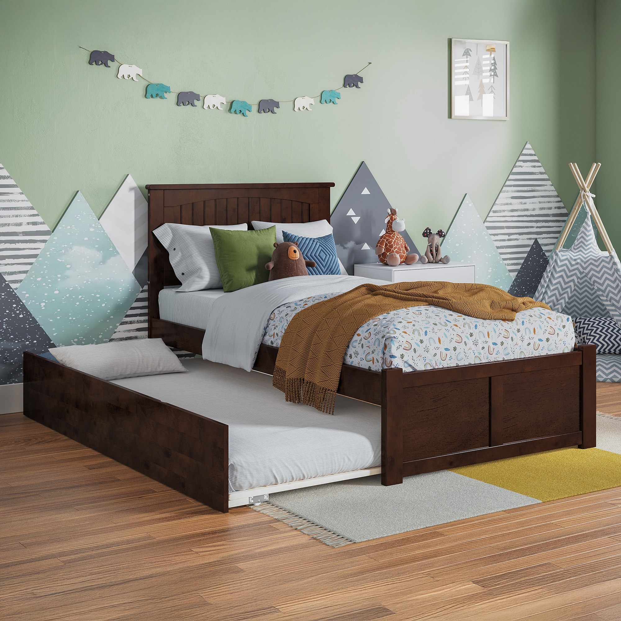 Nantucket Twin Solid Wood Platform Bed with Footboard & Twin Trundle