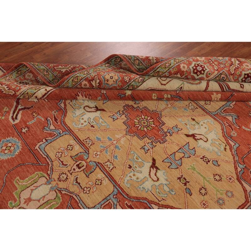 Vegetable Dye Orange Heriz Serapi Oriental Rug Handmade Wool Carpet - 8'11"x 11'8"