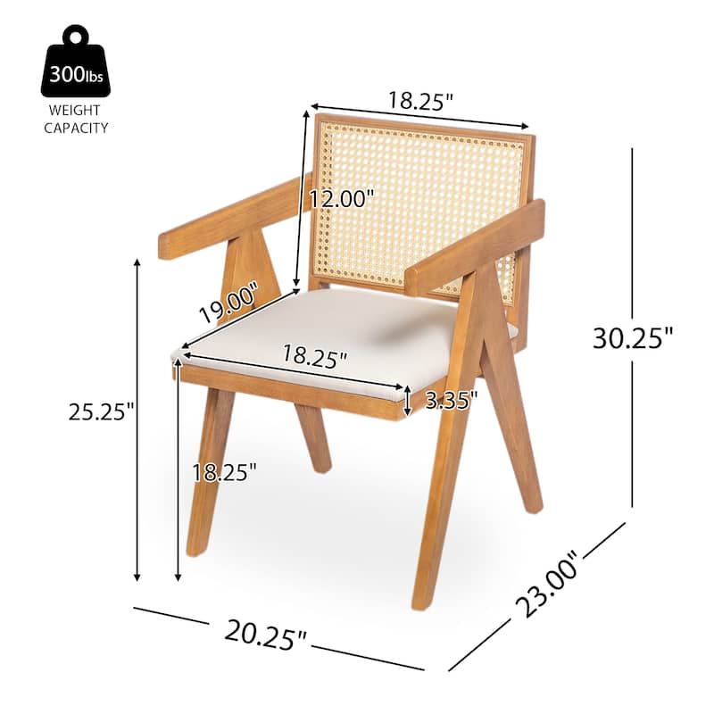 Farmhouse Rattan Dining Chairs Set of 2, Upholstered Armchairs with Backrest, Kitchen Side Chairs with Solid Wood Frame