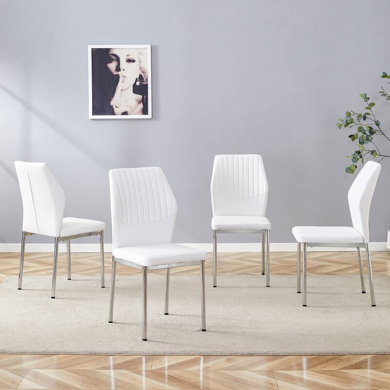 Luxury Simple Chair - Set of 4 White PU Material High Resilience Dining Chair, Chair Back Has a Vertical Stripe Design - White+Silver
