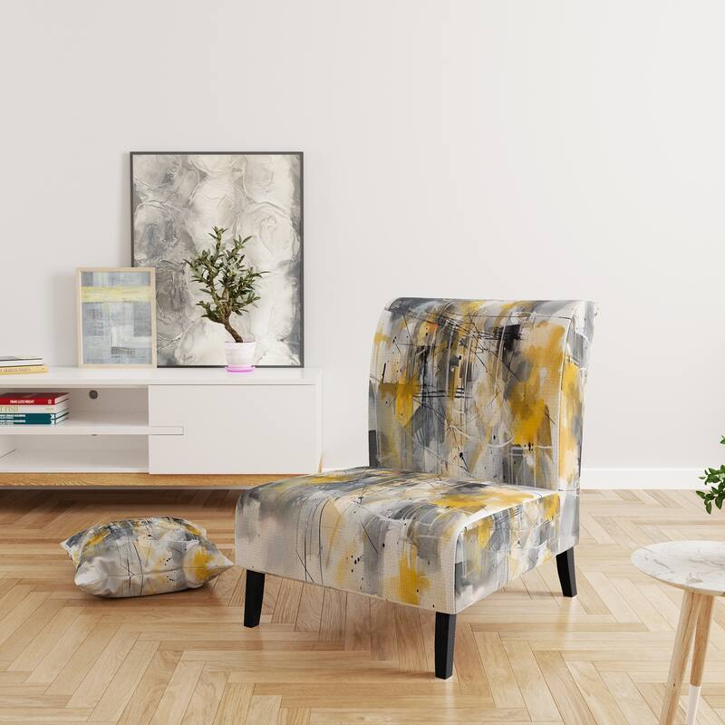 Designart "Yellow and Grey Beyond The Canvas I" Upholstered Abstract Accent Chair and Modern & Contemporary Arm Chair - Slipper Chair