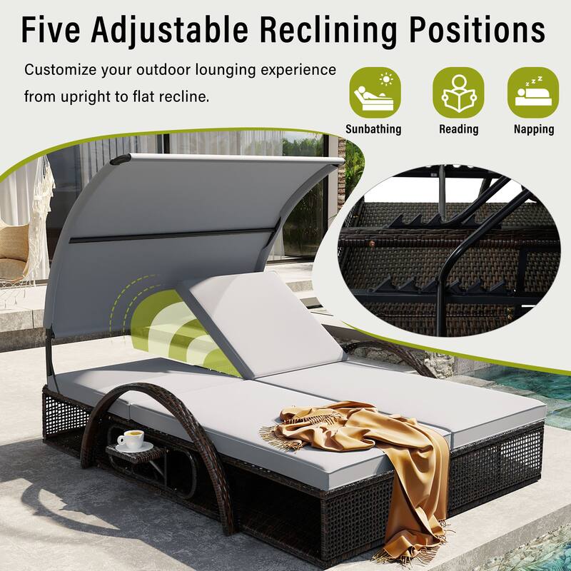 Outdoor Steel Frame Sun Lounger with Adjustable Backrest,Patio Double Sunbed