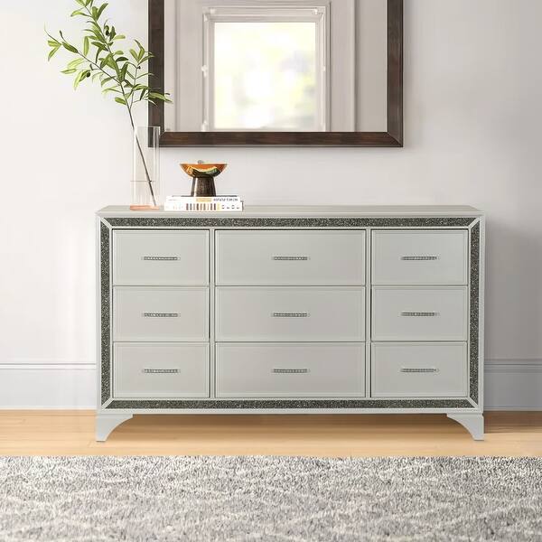 Oro 64 Inch Dresser, 9 Drawers, Silver Trim, Chrome Bar Handles, White - Bed Bath & Beyond - 38980175 Oro 64 Inch Dresser, 9 Drawers, Silver Trim, Chrome Bar Handles, White - Bed Bath & Beyond - 38980175