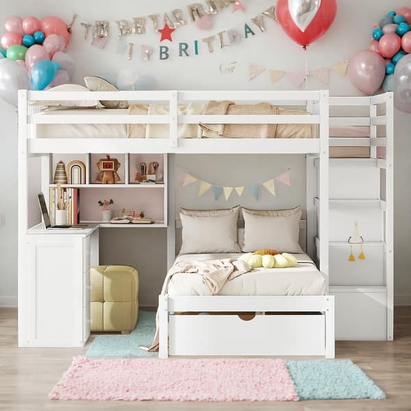 slide 2 of 24, Full Over Twin Bunk Bed with Desk, Drawers and Shelves White