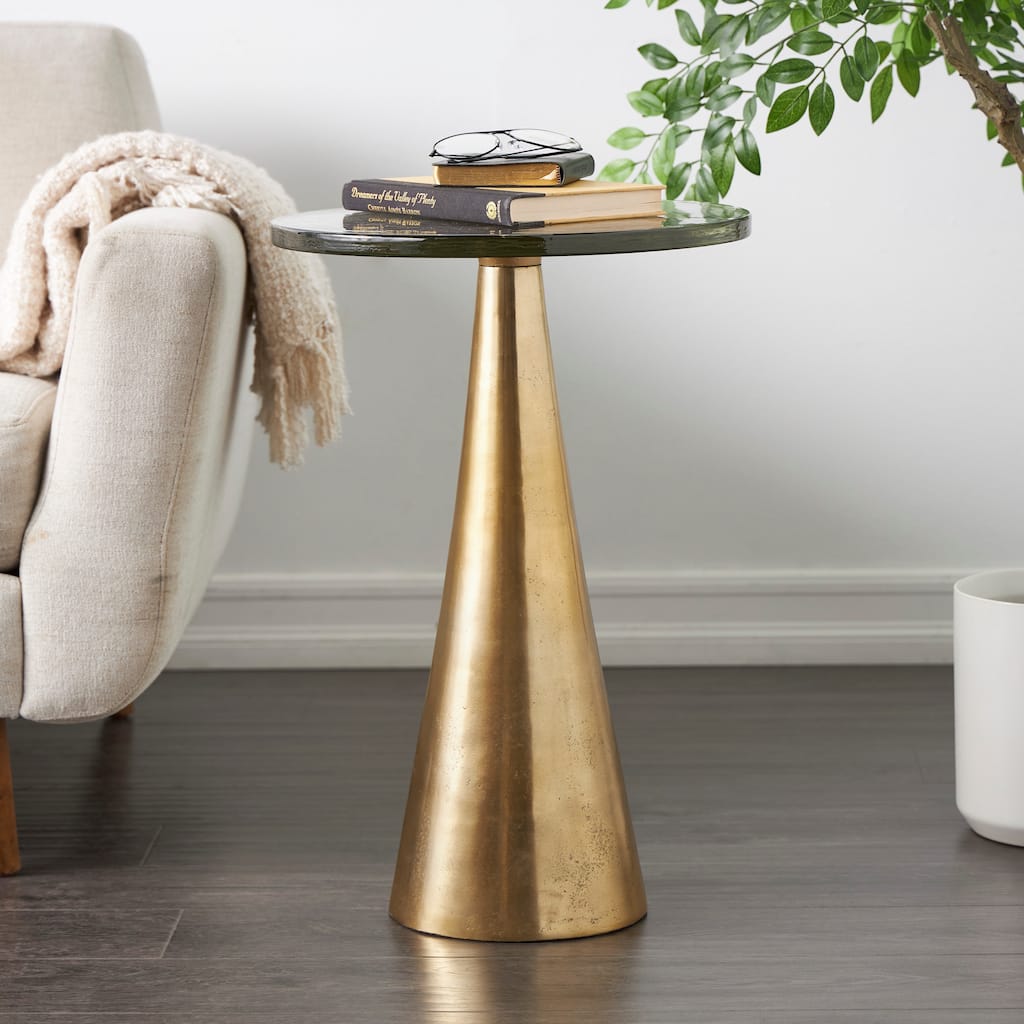 Gold or Black Aluminum Cone Geometric Accent Table with Textured Glass Tabletop