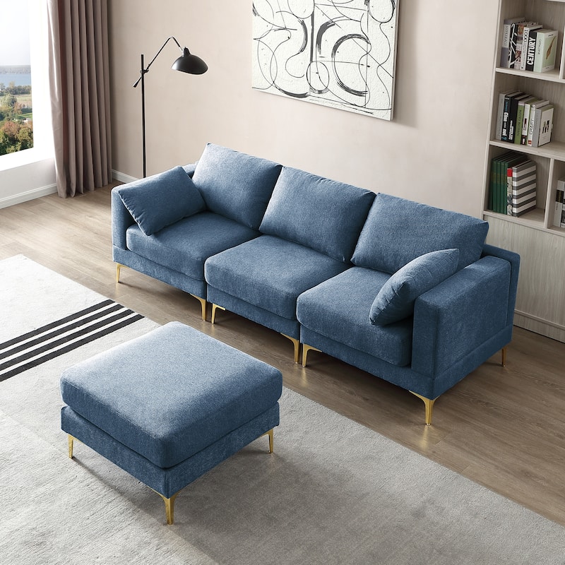 92'' Fabric L-Shape 3-Seater Sofa with Ottoman, Gold Metal Legs, and Toss Pillows