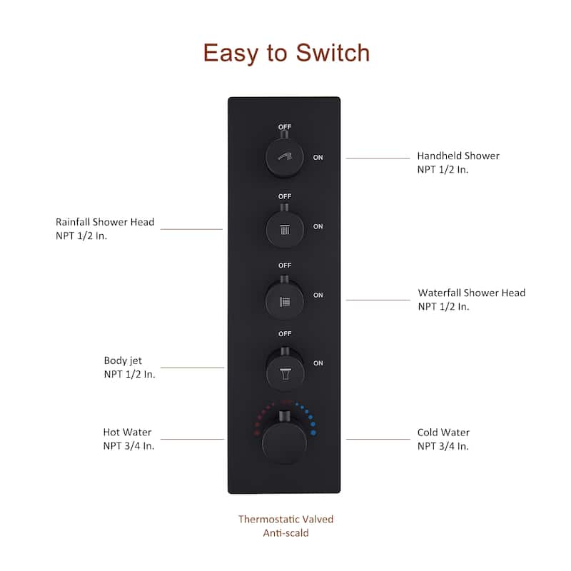 Luxury 4-Spray Patterns 23 in. Ceiling Mount Shower System with Handheld Shower Head, 6 Body Jets, LED, and Music - 15" x 23"