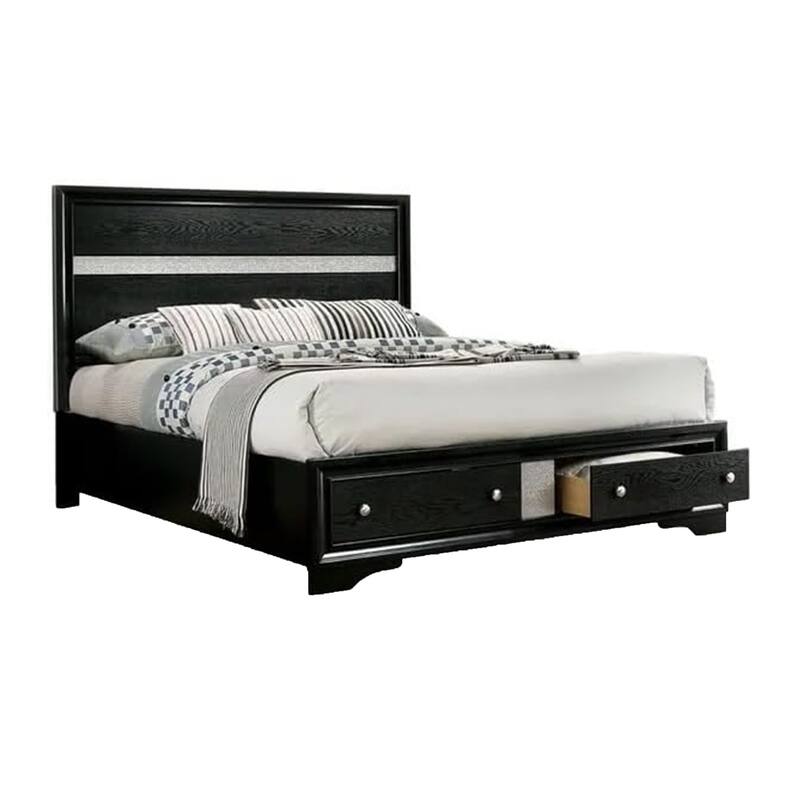 Cevy Queen Size Bed, Footboard Drawers, Black Wood w Glitter Accents