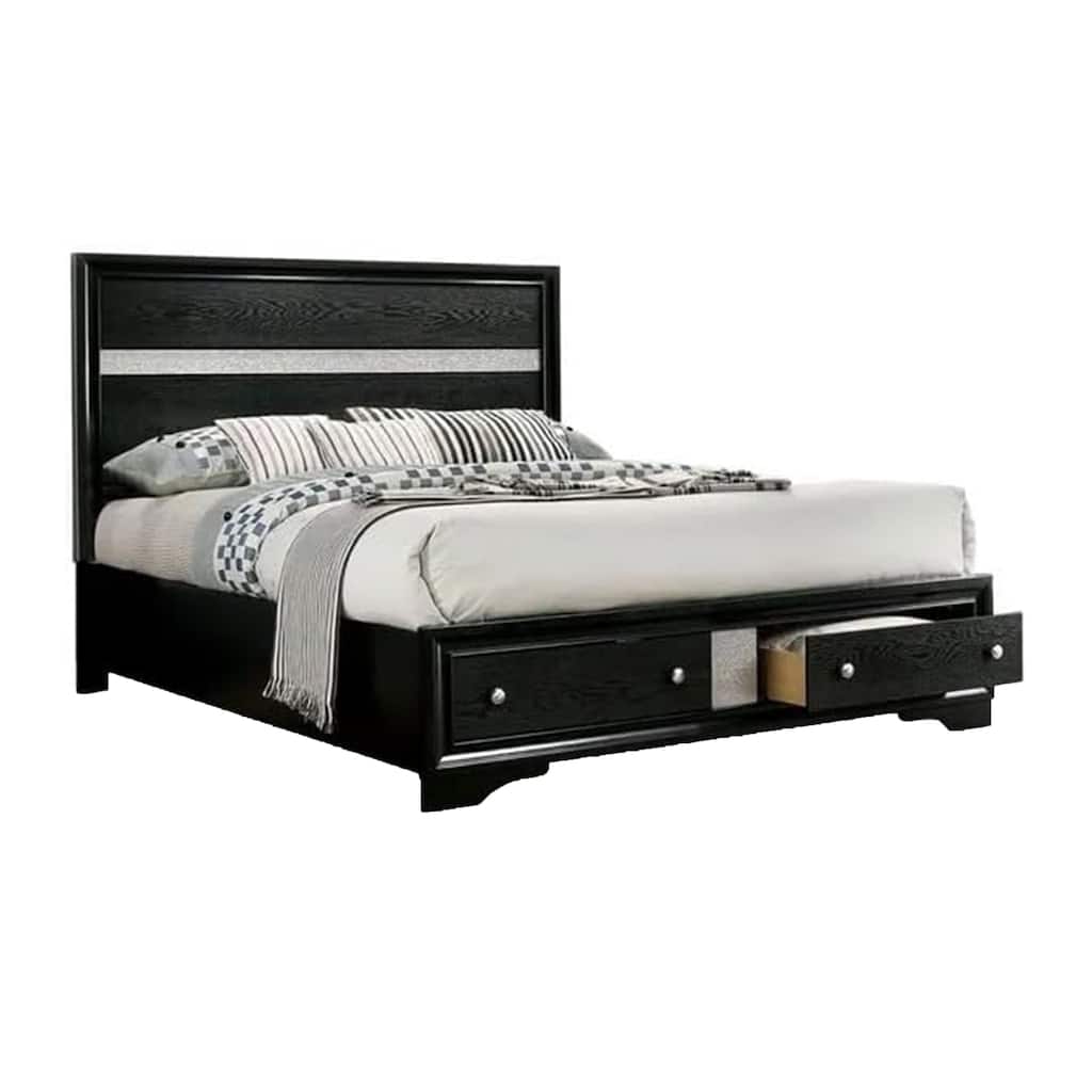 Cevy Queen Size Bed, Footboard Drawers, Black Wood w Glitter Accents