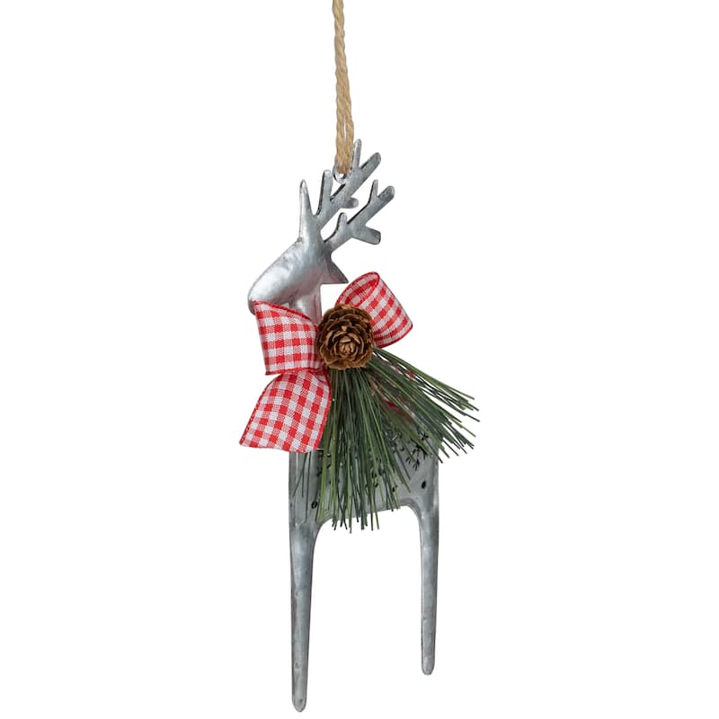 6.25" Silver Metal Reindeer Christmas Ornament with a Gingham Bowtie and Pine