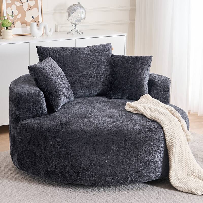 Round Accent Chair with High-Resilience Cushions, Swivel Chenille Barrel Chair, Fluffy Sleeper Lounge Chair