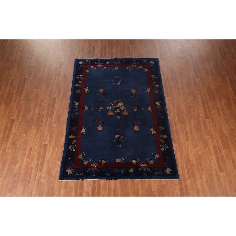 Vegetable Dye Blue Art Deco Chinese Antique Rug Handmade Wool Carpet - 6'1"x 8'10"