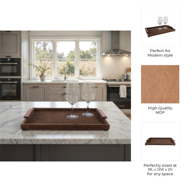 Wood Metal Modern Serving Tray with Handles Home Decor - 2" Brown - 19" x 12" x 2"