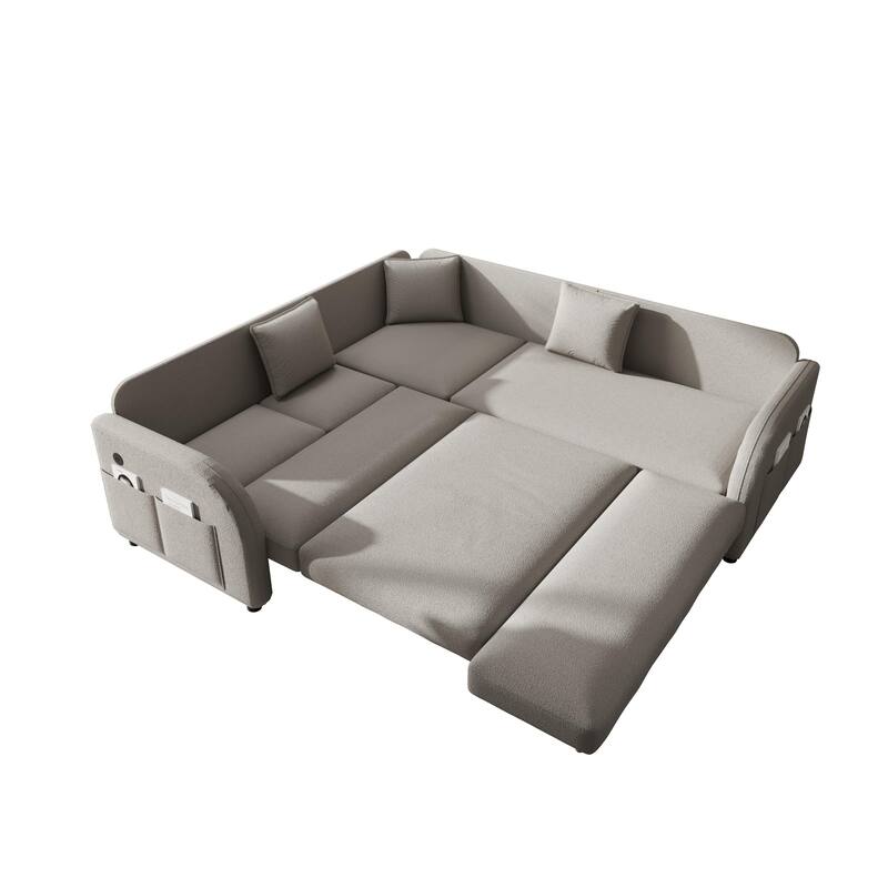 85" L-Shaped Convertible Sleeper Sofa with Pull-Out Bed, Teddy Upholstery & USB Ports