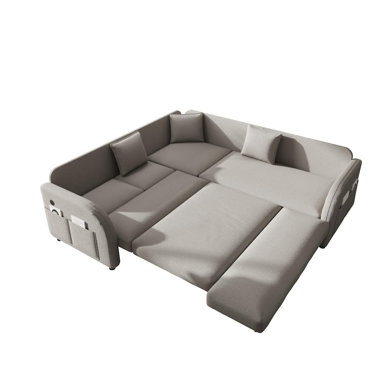 Sectional Sleeper Sofa with Pull Out Bed, Convertible Teddy Fabric Couch with Side Pockets & USB Ports, L Shaped Modular Couches