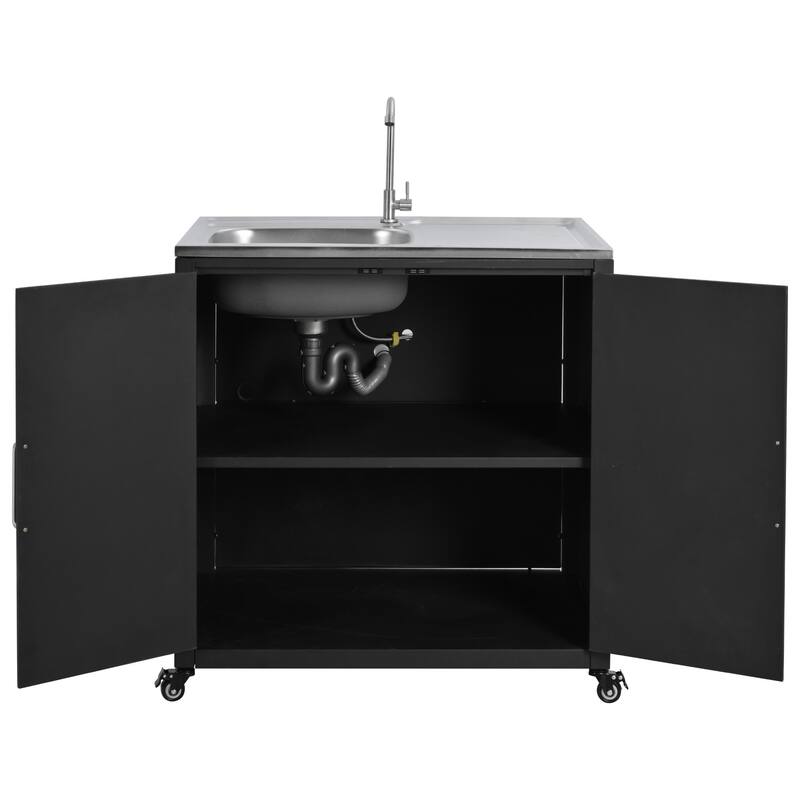 Outdoor Movable Kitchen Sink Patio Modular Kitchen Sink Station with Cabinet for Garden, Patio, Backyard, Matte Black