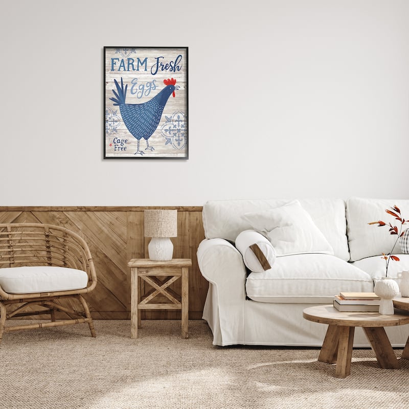 Stupell Farm Fresh Eggs Blue Rustic Chicken Planked Pattern Framed Wall Art, Design by Nina Seven